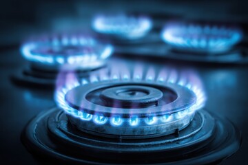 Close-up of Gas Stove Burners Ignited with Blue Flames in Kitchen, Energy Concept, Cooking Appliance, Indoor Shot, Modern Design