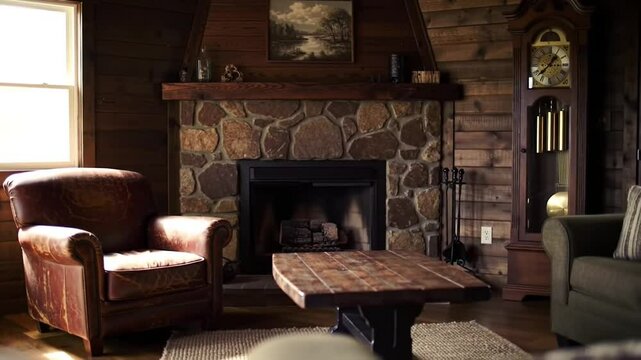 Cozy Cabin Interior With Fireplace And Vintage Armchair