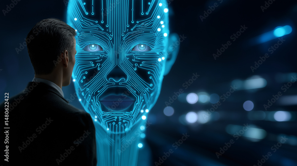 Aufkleber man in a suit facing a glowing digital humanoid interface in a futuristic virtual environment.