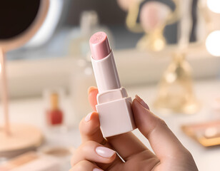 A person is holding a pink lip balm