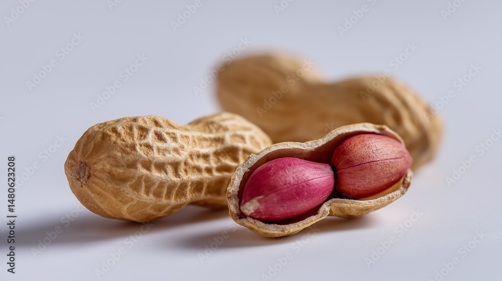 Poster close-up of an open peanut shell with two red-skinned peanuts inside on a white background.