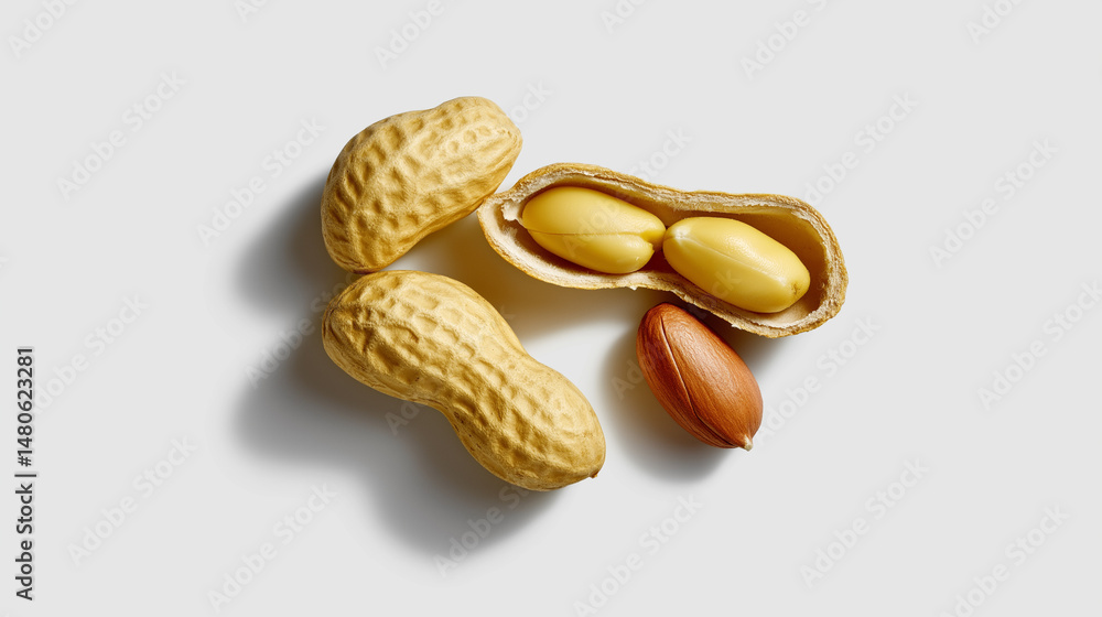 Poster close-up of an open peanut shell with two red-skinned peanuts inside on a white background.