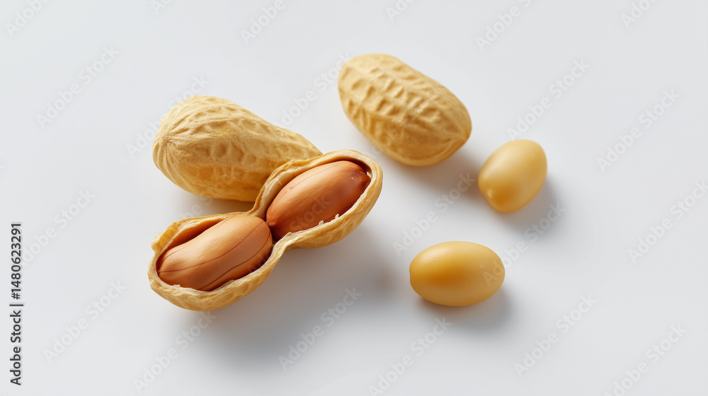 Poster close-up of an open peanut shell with two red-skinned peanuts inside on a white background.