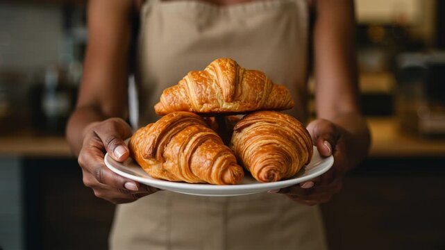 Padeira afro-brasileira segurando pires com croissants

