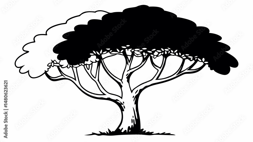 Poster illustration of a tree with half of its foliage in black and the other half in white outline style c