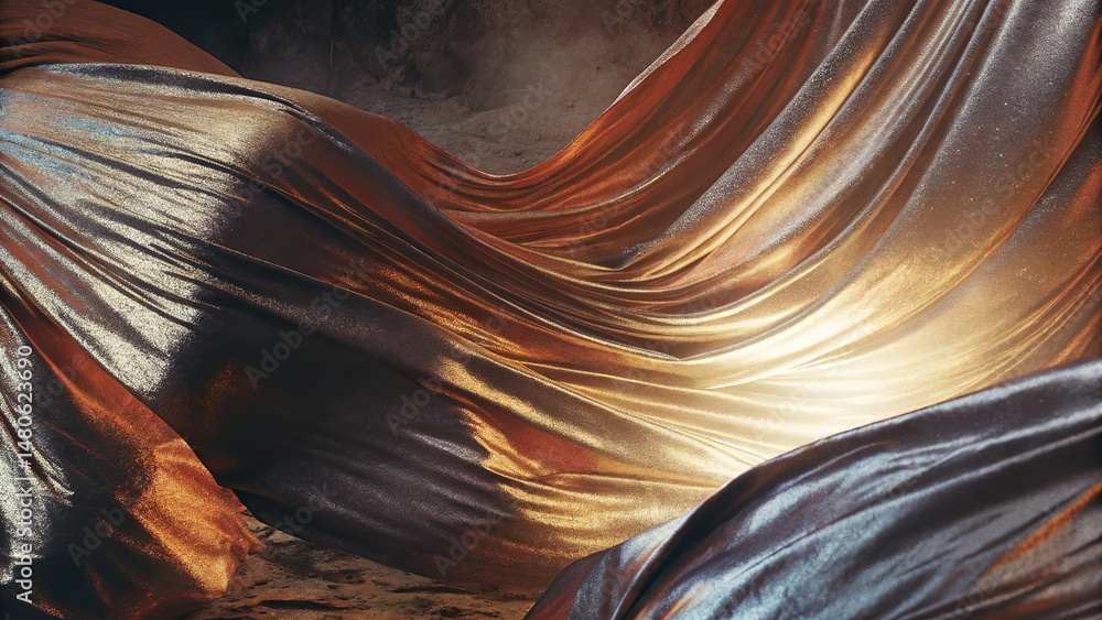 Poster this features flowing liquid forms with shimmering textures in shades of gold and bronze, creating c