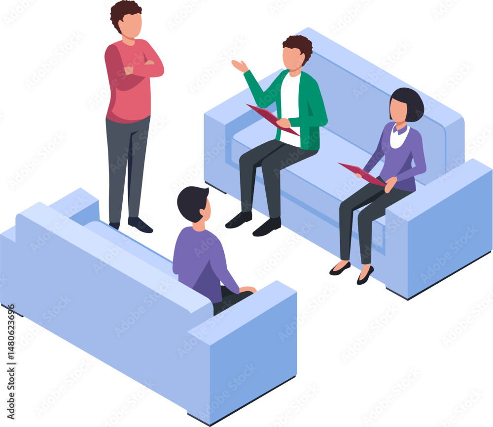 Poster four managers are having a business meeting sitting on comfortable sofas, discussing company strateg