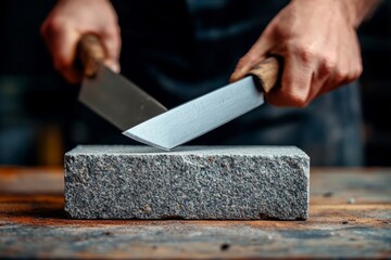 macro of cutting blade sharpening on industrial stone 