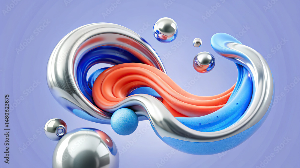 Poster Abstract composition of swirling liquid shapes in vibrant colors, featuring smooth metallic and soft textures that create dynamic visual experience