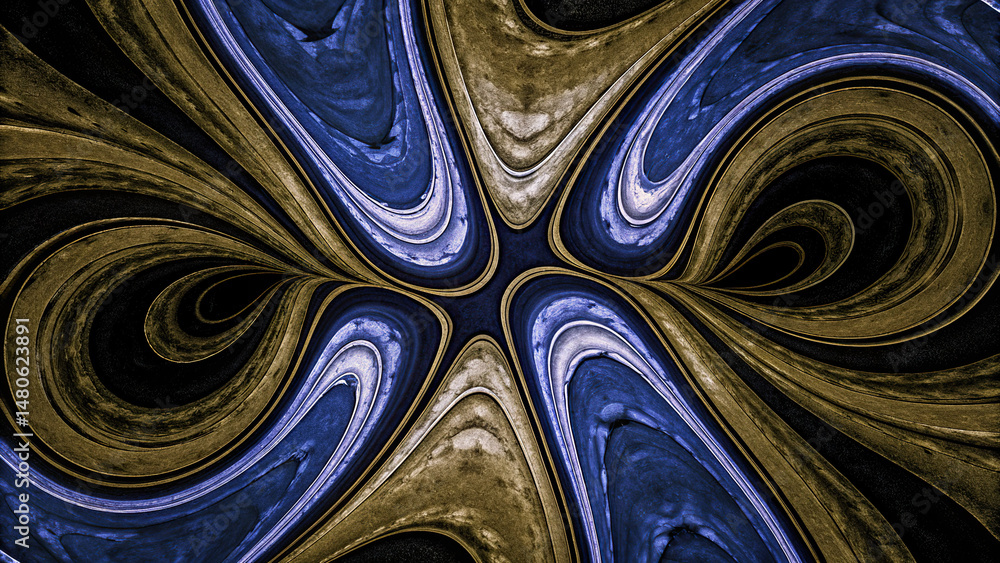 Poster abstract composition of swirling liquid shapes in blue and gold tones creates mesmerizing visual exp