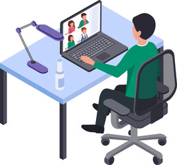 Office worker attending online meeting using laptop, communicating with colleagues via video call, working remotely from home, using video conferencing software for business communication