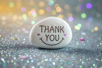 Gratitude's Embrace: A charming stone etched with a warm message of thanks and a smiling face sits gracefully.