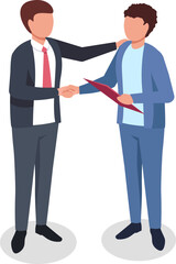Two businessmen shaking hands while finalizing a business deal, one holding a folder, representing a successful partnership and cooperation in a professional setting