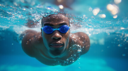 Naklejka premium Male swimmer wearing blue goggles swimming underwater in a clear pool. 