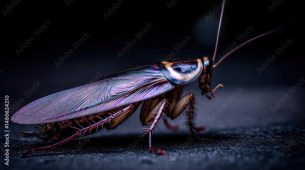 Poster cockroach close-up on dark surface macro shot showing intricate details of insect pest with long ant