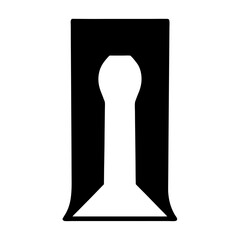 Abstract depiction of a stylized keyhole in black and white illustration
