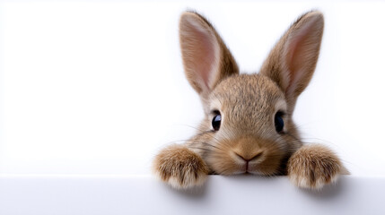 Obraz premium Curious brown rabbit peeking over a white surface with ears perked up against a plain background. 