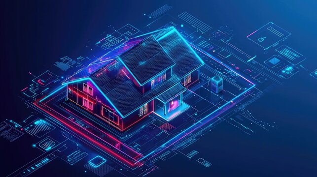 Modern smart home with digital network overlay.