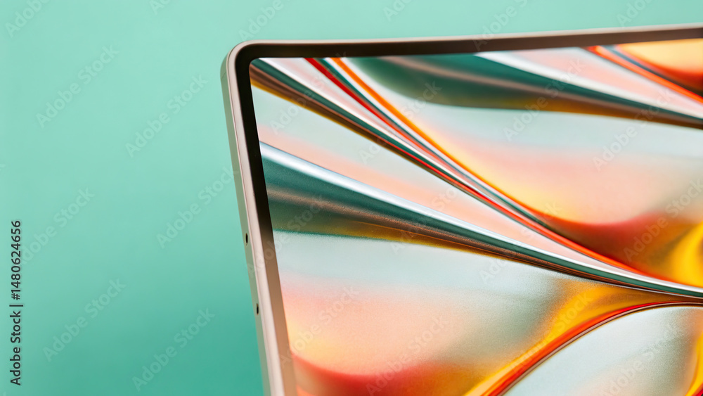 Poster close up view of sleek, modern screen displaying vibrant, flowing liquid shapes in mesmerizing color