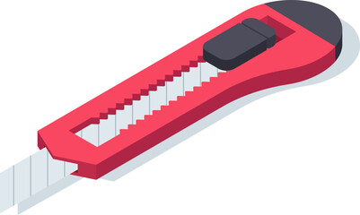 Red utility knife featuring a retractable blade and safety lock, designed for ergonomic comfort and precision cutting, resting on a clean white background