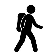 Stick figure of a person with a backpack walking or hiking forward