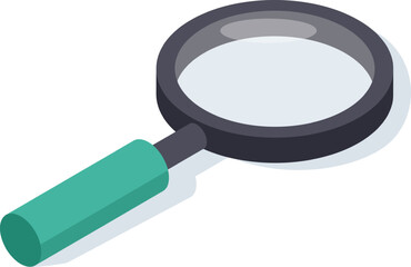 Magnifying glass featuring a green handle, casting a shadow against a white background, emphasizing the act of searching and magnifying details in an isometric view