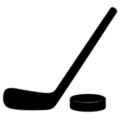 Simple black and white image of a hockey stick and puck