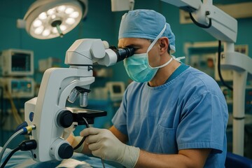 Medical equipment is being used by a surgeon in a hospital operating room