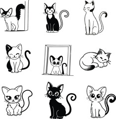 A premium set of funny cartoon cats with vector silhouette design