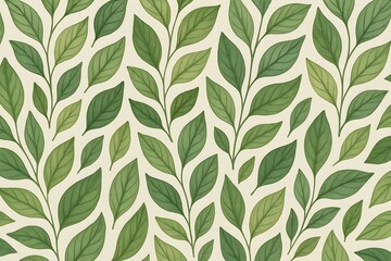 Fototapeta premium A seamless hand drawn leaf pattern design featuring various shades of green leaves on a light beige background, perfect for nature themed designs