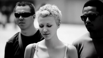 Black and white image of diverse adults walking outdoors Urban life and candid moments captured