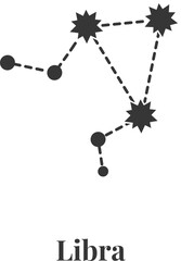 Libra constellation represented by stars connected with dotted lines, symbolizing balance, harmony, and justice in astrology, isolated on white for educational or decorative projects