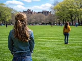 Fototapeta premium Two young women standing on a green lawn in a park on a sunny day, back view, looking at the distance, outdoor recreation