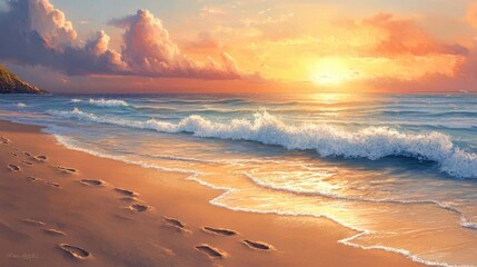 Fototapeta premium Sunset at Beach with Waves and Footprints