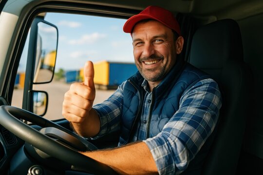 The image shows a truck driver seated in his truck, displaying a thumbs up gesture, which represents the transportation and trucking industry