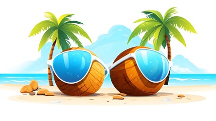Obraz premium Colorful beach ball and coconut on sandy beach - Summer travel and vacation concept