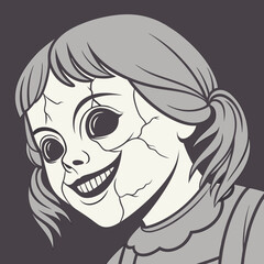 Possessed doll face with cracked porcelain and evil smile