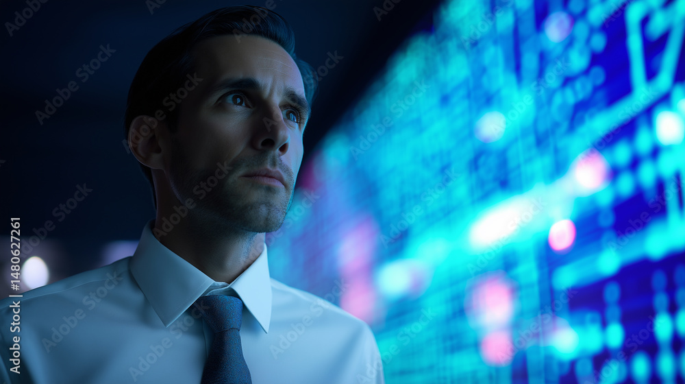 Poster confident businessman in a white shirt and tie standing in front of a glowing digital interface with