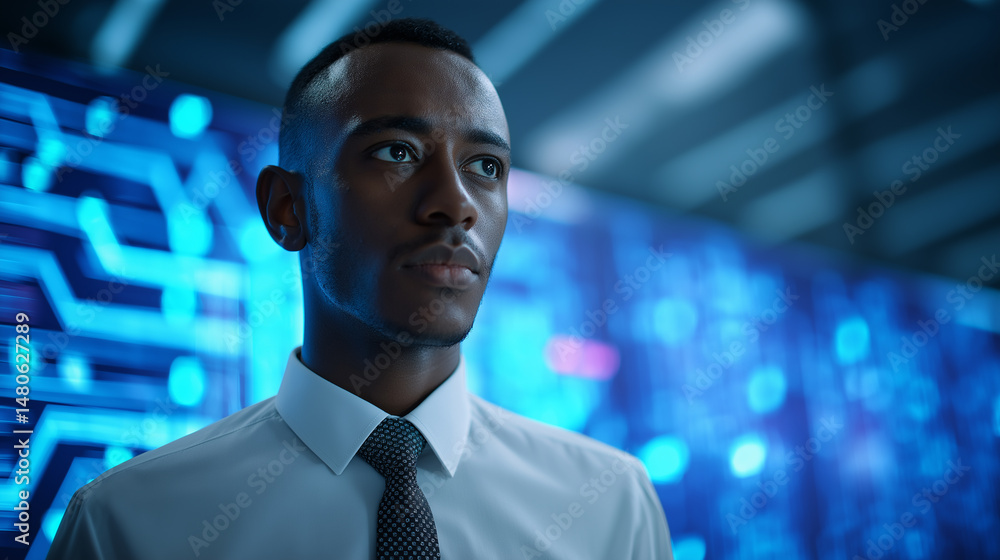 Poster confident businessman in a white shirt and tie standing in front of a glowing digital interface with