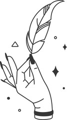 Woman's hand with long nails and a bracelet holding a feather, black and white line art, with sparkles and geometric figures, ideal for esoteric, spiritual, witch, boho, or astrology designs