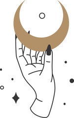Minimalist line art illustration of a hand with black nails holding a crescent moon with stars, representing spirituality, magic, and celestial energy