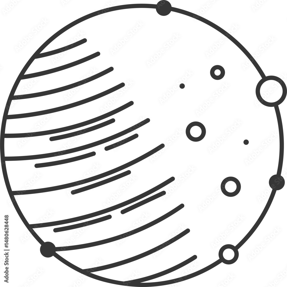 Poster minimalist vector illustration featuring a planet adorned with visible craters and an orbital path, 