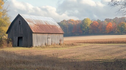 Obraz premium Wooden Barn in Field with Autumn Trees and Cloudy Sky