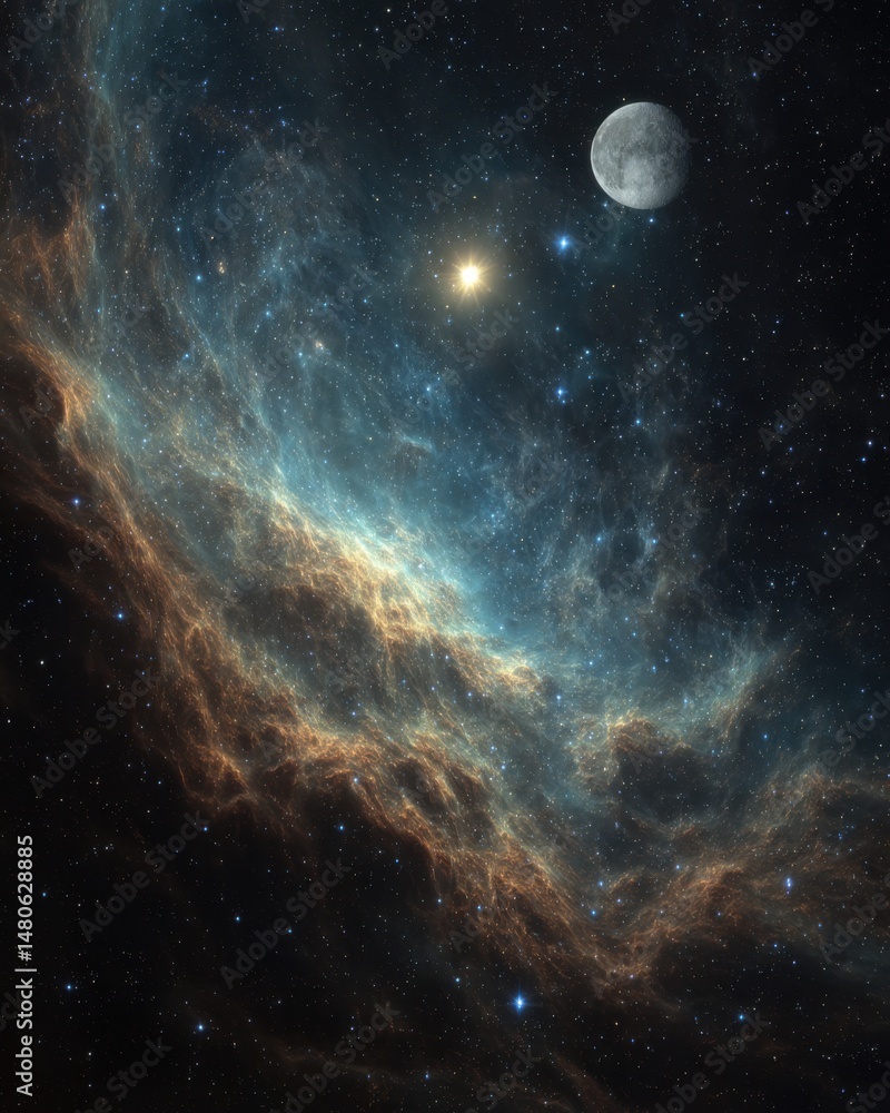 Poster cosmic nebula and moon in deep space exploration digital art celestial view of distant galaxy starfi