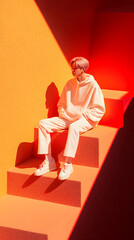 Young Man in White Outfit Sitting on Orange Stairs