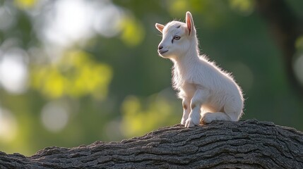 Cute baby goat perched on a tree branch