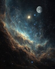 Cosmic Nebula and Moon in Deep Space Exploration Digital Art Celestial View of Distant Galaxy Starfield and Planetary Body