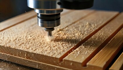 Close-up of a CNC machine drilling wooden planks with fine wood shavings scattering in a woodworking workshop