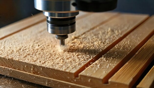 Close-up of a CNC machine drilling wooden planks with fine wood shavings scattering in a woodworking workshop