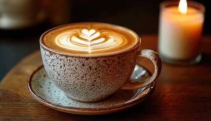 A cup of coffee with latte art in a speckled ceramic cup on a wooden table next to a burning candle in a cozy setting